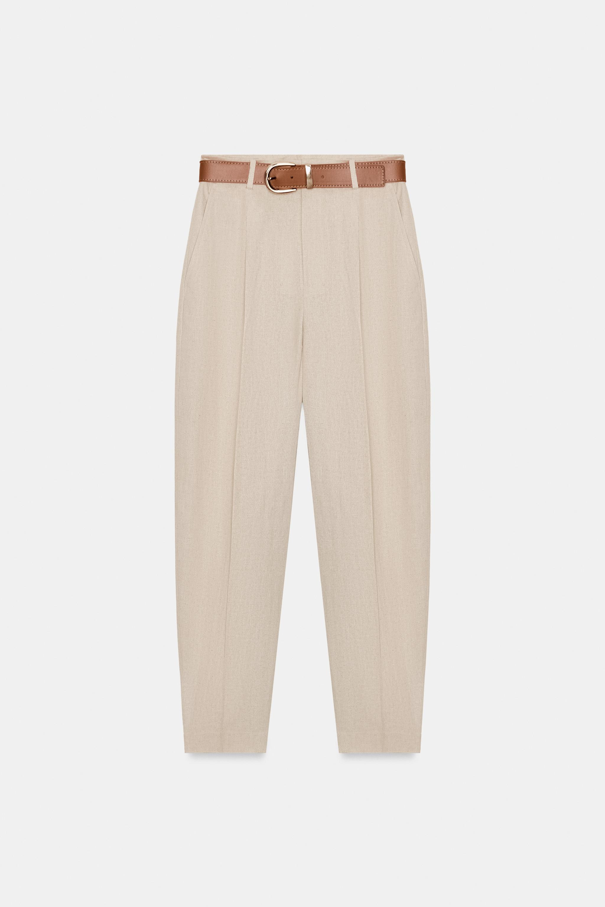 LINEN BLEND CROPPED TROUSERS WITH BELT AND DARTS | Zara UK