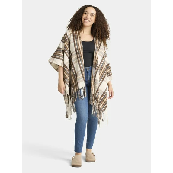 Time and Tru Women's Plaid Ruana Coverup, One Size, White | Walmart (US)