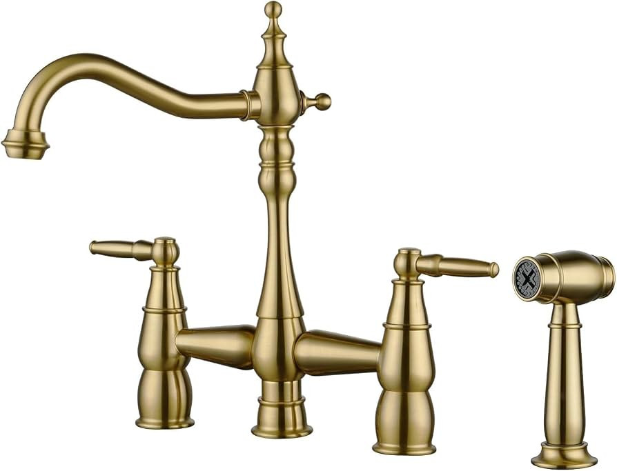ALEASHA 4 Hole Bridge Centerset Faucet with Side Sprayer, Brushed Gold | Amazon (US)