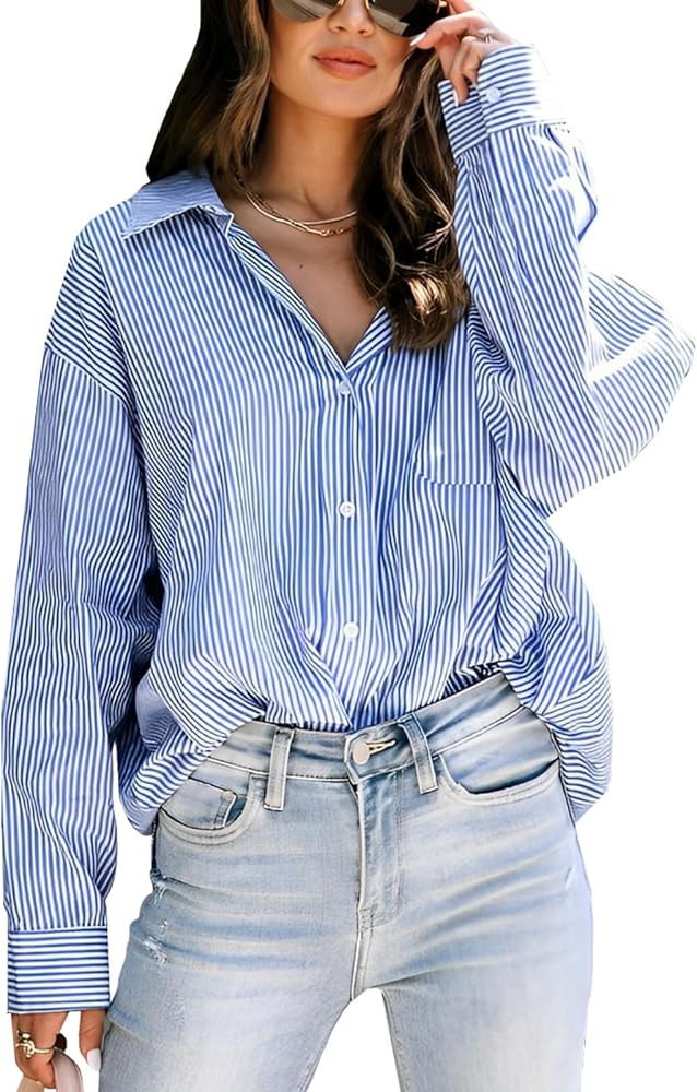 Women's Striped Long Sleeve Button Down Shirts V Neck Casual Tops Classic Office Work Blouses wit... | Amazon (US)