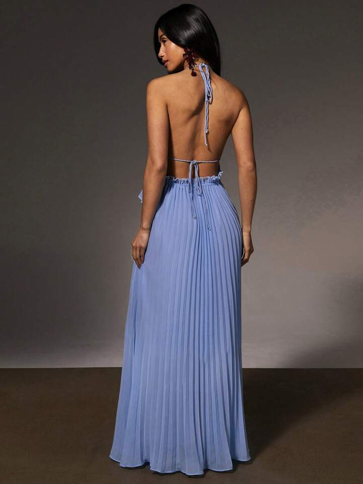 Athîral Women's Elegant Blue Maxi Dress: Sleeveless Halter Neckline With Ruffle Detail And Pleat... | SHEIN