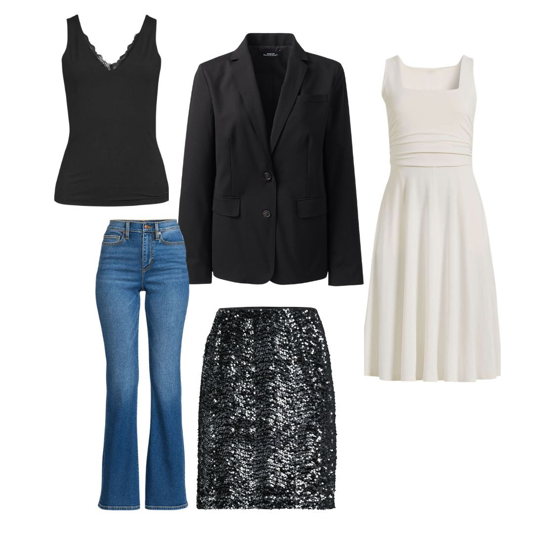 A Staple Black Blazer is paired with a day work dress, casual jeans, a sequin skirt, and a lace-trimmed tank top for an evening event. 

 #LTKSeasonal #LTKStyleTip #LTKWorkwear