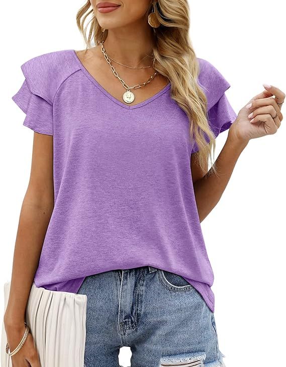 OFEEFAN Womens Summer Tops Ruffle Short Sleeve V Neck T-Shirts Casual Loose Fit | Amazon (US)