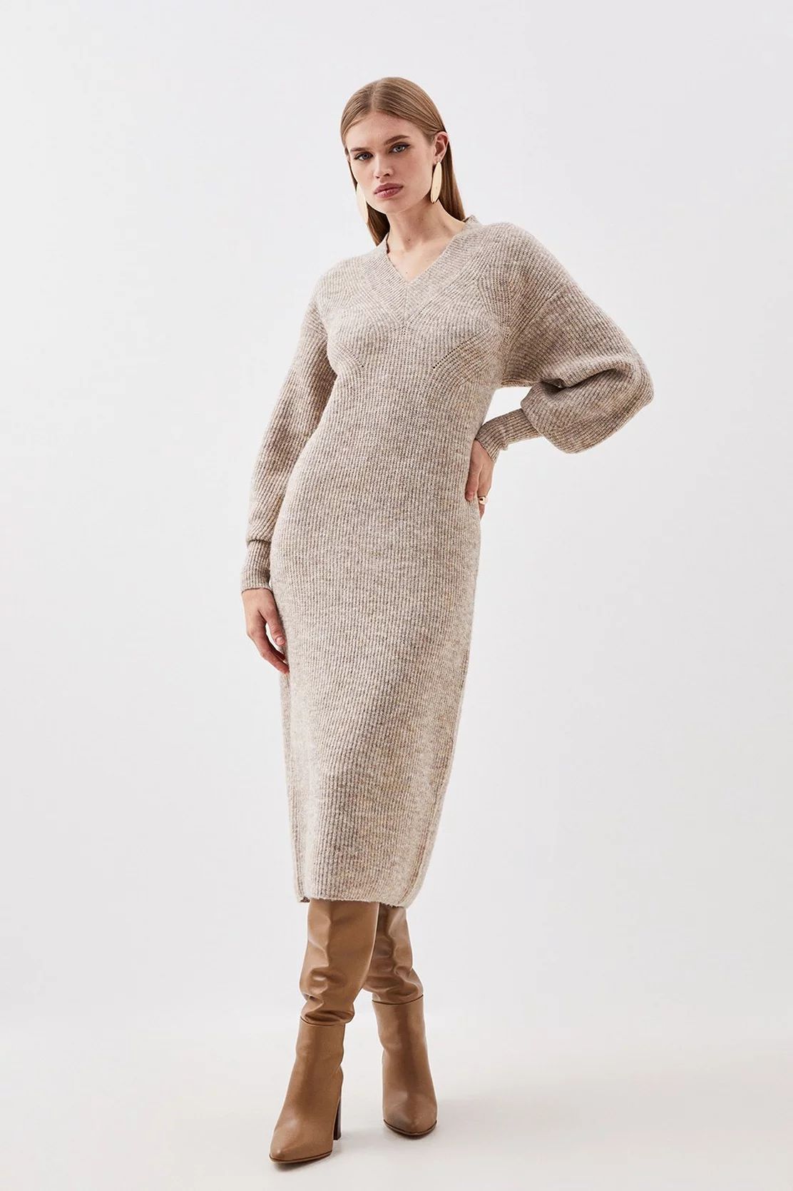 Wool Blend Cosy V Neck Knit Midi Dress | Karen Millen US