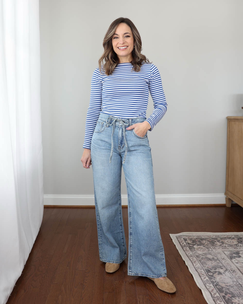 Shop the Madewell Insider Event Sale! 25% off sitewide!

Outfit 1:
The Ultimate Wide-Leg Jeans in Airy Denim (Madewell): Petite 25 in Raebrook Wash - sized up 10 ¼” rise / 28” inseam in petite
The '90s Boatneck Tee in Compact Cotton in French Blue (Madewell): XXS
Mylie Ballet Flats: in Tawny Khaki 

Outfit 2:
The PV Wide-Leg Crop Jean (Madewell): petite 24 in Vintage Canvas - tts 10 3/8" rise, 25" inseam 98% cotton
Top (Madewell): xxs
Shoes (Madewell): tts in Tawny Khaki

Outfit 3:
Denim jacket (Madewell): xxs
White jeans (BR Factory): petite 24 (27.5” inseam)
Belt (Madewell)
Top (Quince): xs in heather oatmeal
Shoes (Madewell): tts in tawny khaki

My measurements for reference: I’m 4’10” and 105lbs. My bust, waist, and hip measurement is 32”, 24”, and 36”.

#LTKSaleAlert #LTKSeasonal #LTKPetite