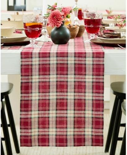 Solino Home Linen Table Runner 108 Inches Long - 100% Pure Linen Burgundy Tartan Plaid Table Runn... | Amazon (US)