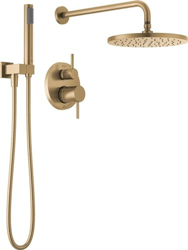 Delta Modern 14 Series Round Rain Shower System Faucet Set, Rainfall Brushed Gold Shower Head and Handle Set, Valve Trim Kit, 10 Inch, Champagne Bronze 342702-CZ | Amazon (US)
