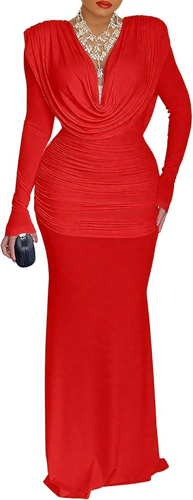 CHICME Women's Cowl Neck Ruched Slim Fit Maxi Dress 2025 Long Sleeve Backless Evening Wedding Gue... | Amazon (US)