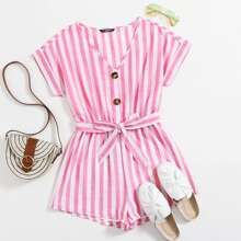Button Front Rolled Cuff Self Belted Striped Romper | SHEIN