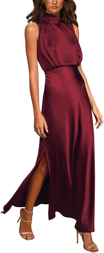 PRETTYGARDEN Women's Summer Long Formal Satin Dress Mock Neck Sleeveless Side Slit Flowy Maxi Tan... | Amazon (US)