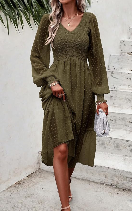 PRETTYGARDEN Women's Spring Dresses 2024 Long Sleeve V Neck Swiss Dot Empire Waist Chiffon Dress ... | Amazon (US)