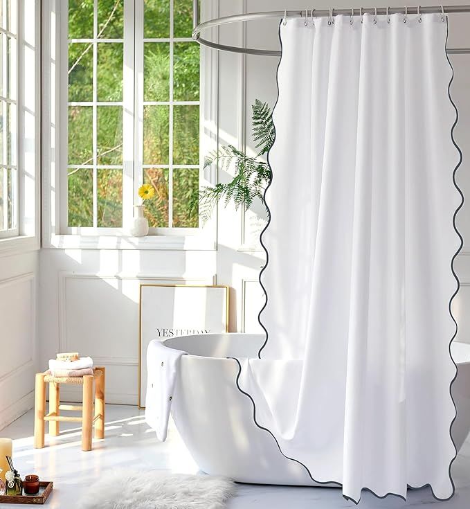 youngseahome White Fabric with Grey Scalloped Border Shower Curtain,Boho Chic Cloth Shower Curtai... | Amazon (CA)