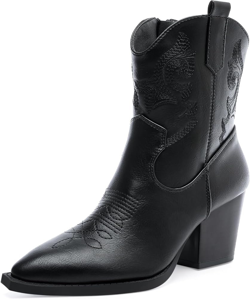 Women's Cowboy Ankle Boots Embroidered Mid-Calf Pointed Toe Cowgirl Booties Retro Chunky Heel Sli... | Amazon (US)