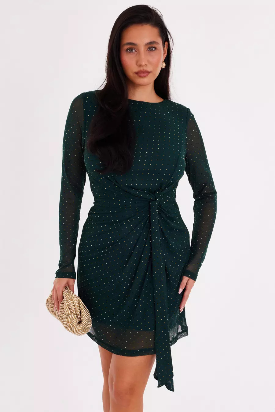 Home/Bottle Green Diamante Mesh Mini Dress | Quiz Clothing