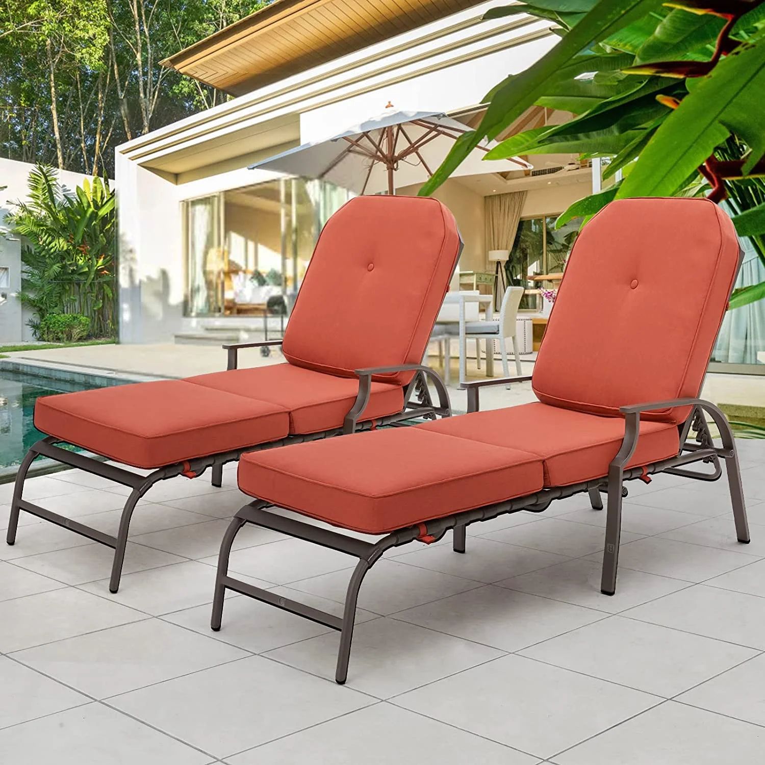 AECOJOY Cushioned Patio Lounge Chair Set of 2, Poolside Adjustable Chaise Lounge Recliner - Red | Walmart (US)