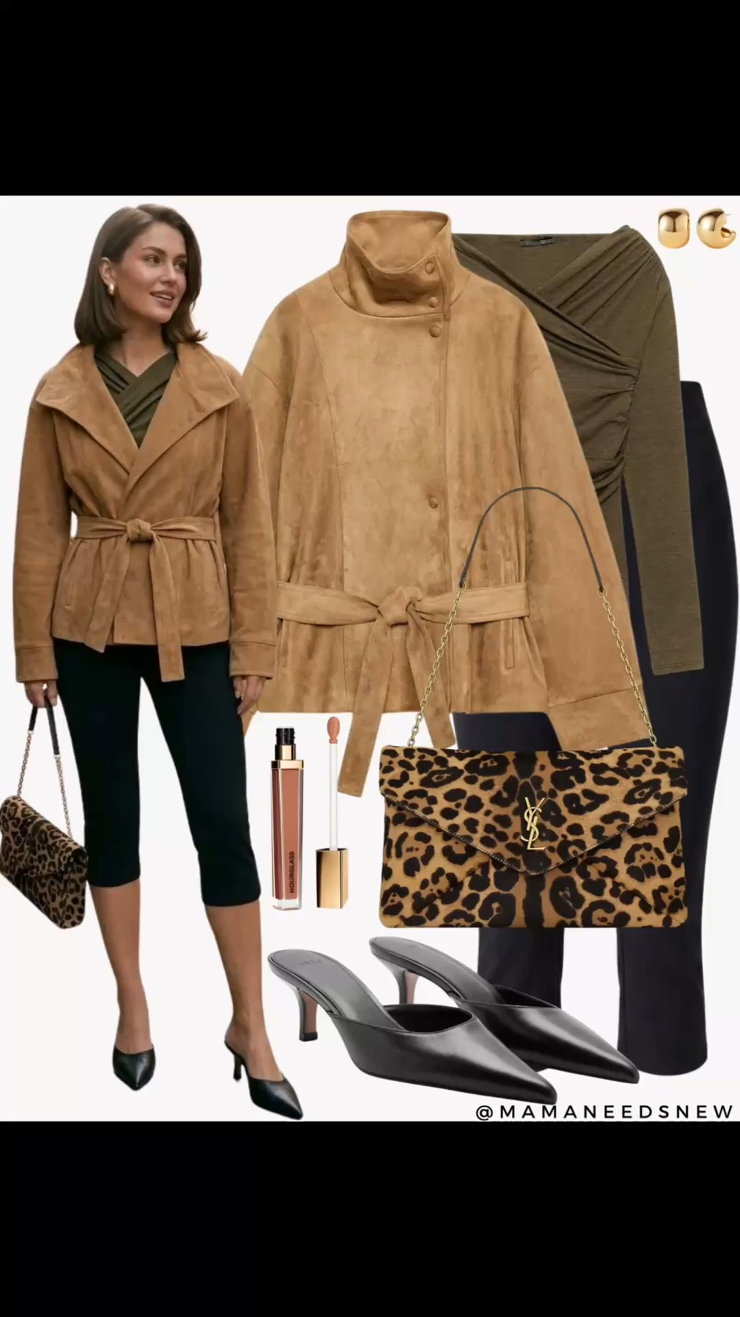 An early fall outfit with a suede belted jacket, top, capri pants, leopard shoulder bag, mule heels

#LTKootd #LTKSeasonal #LTKSaleAlert