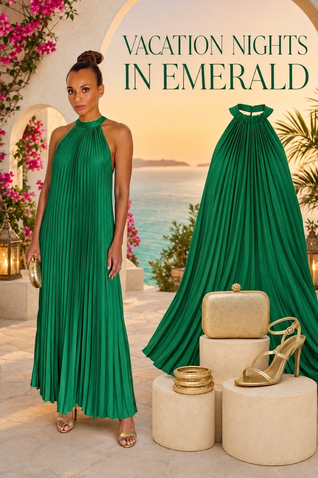 Vacation nights in emerald 💚 This flowing pleated maxi dress is elegant, effortless, and perfect for resort dinners, weddings, or a tropical getaway. Styled with gold heels, a matching clutch, and statement bangles. Everything is linked! ✨

#LTKStyle #VacationStyle #EmeraldDress #ResortWear #WeddingGuestDress #MaxiDress

#LTKgrwm #LTKWedding