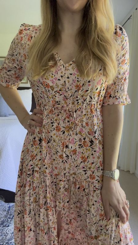 Pink floral dress with adjustable tie at waist. Comes in other prints. Buttons are fully functional

Fits true to size and is under $100

Gold slide sandals are trendy accessory for spring and summer this year 

Spring and summer outfit idea 

#LTKfindsunder100 #LTKSeasonal #LTKstyletip