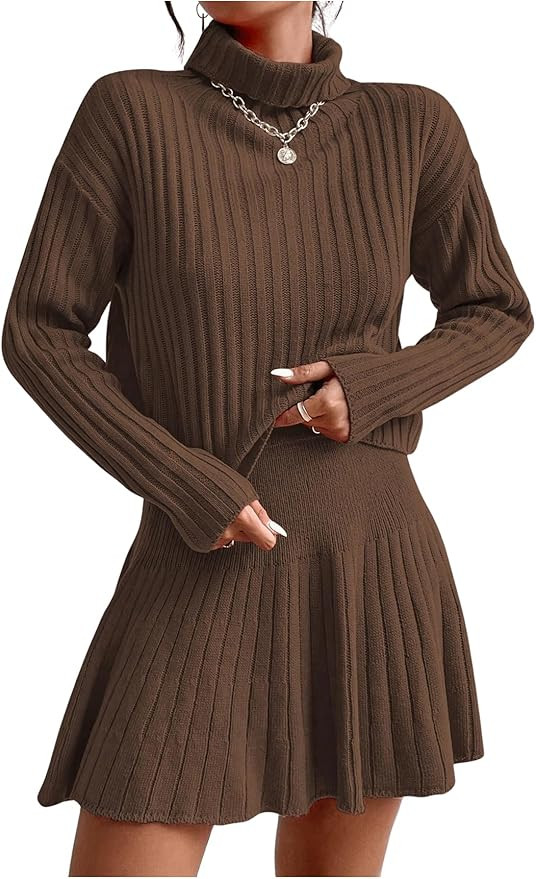 Women's 2 Piece Outfits Long Sleeve Turtleneck Drop Shoulder Ribbed Knit Sweater and Ruffle Mini ... | Amazon (US)