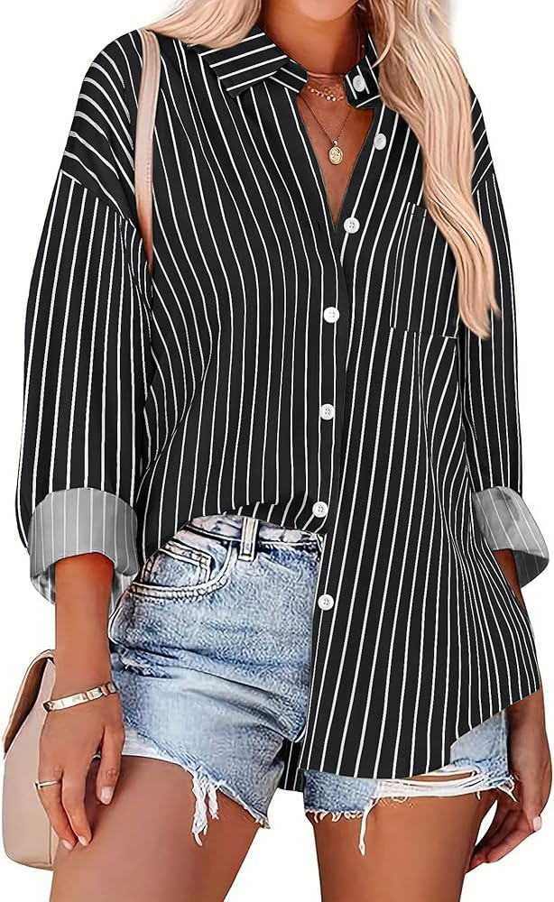 HOTOUCH Button Down Striped Shirts for Women Boyfriend Drop Shoulder Blouse Long Sleeve Oversized... | Amazon (US)