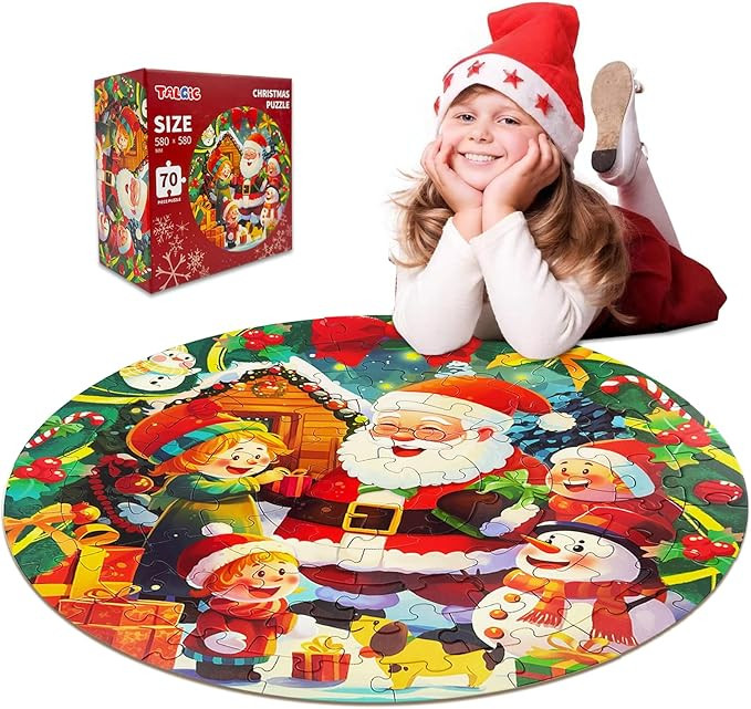 70 Piece Christmas Puzzle with Santa Claus & Snowman, Large Round Floor Puzzles for Kids Ages 4-8... | Amazon (US)
