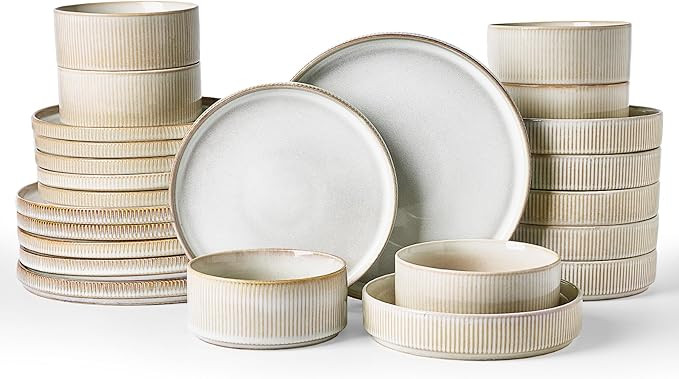 Famiware Star Dinnerware Set with Pasta Bowls, Service for 6 (24 Pieces), Ribbed Stoneware Plates... | Amazon (US)