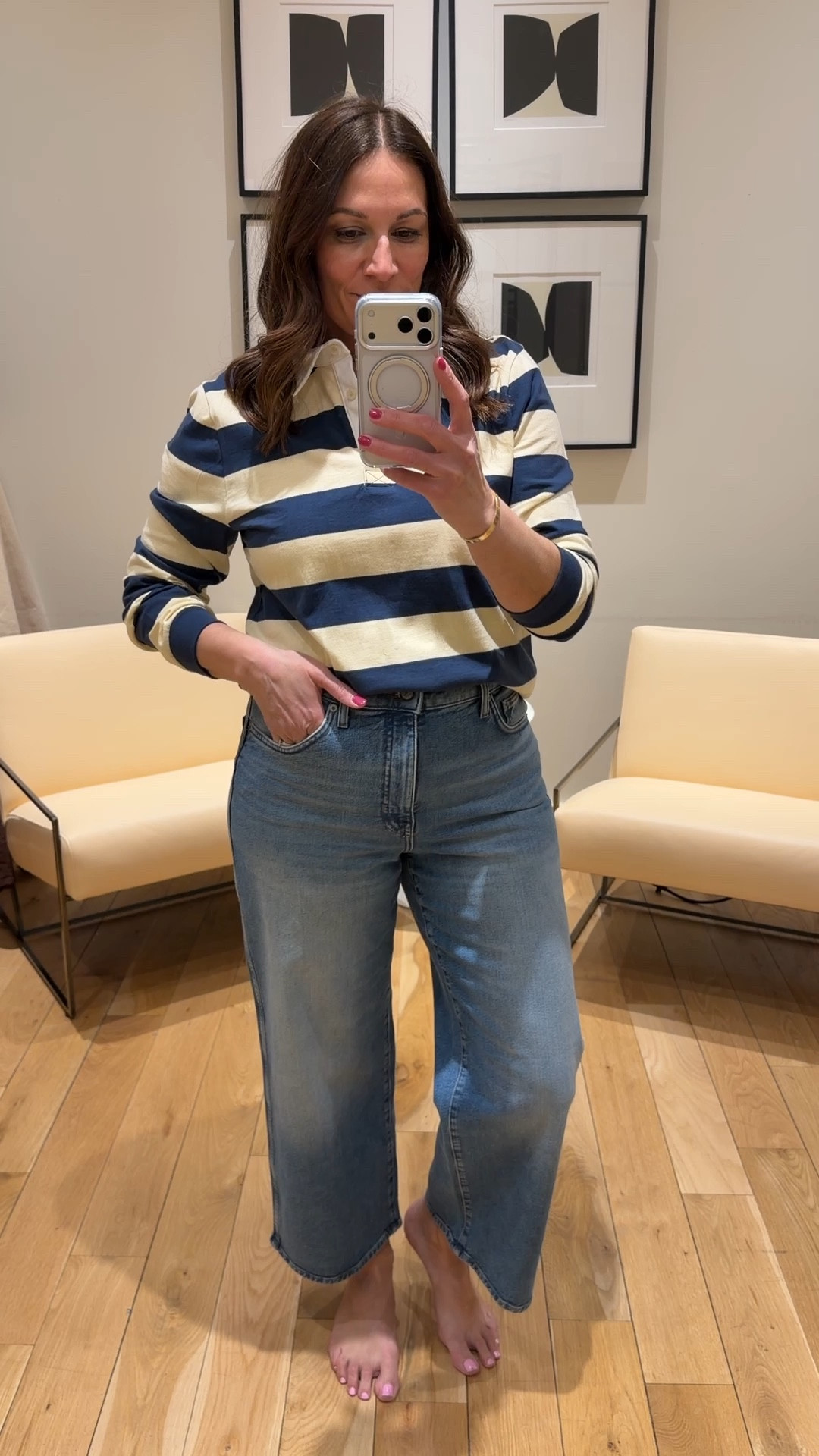 Great pair of slim wide leg jeans.   Wearing a size 30.  Also love the color of the rugby shirt!   Wearing a medium.  

#LTKSaleAlert #LTKMidsize #LTKOver40