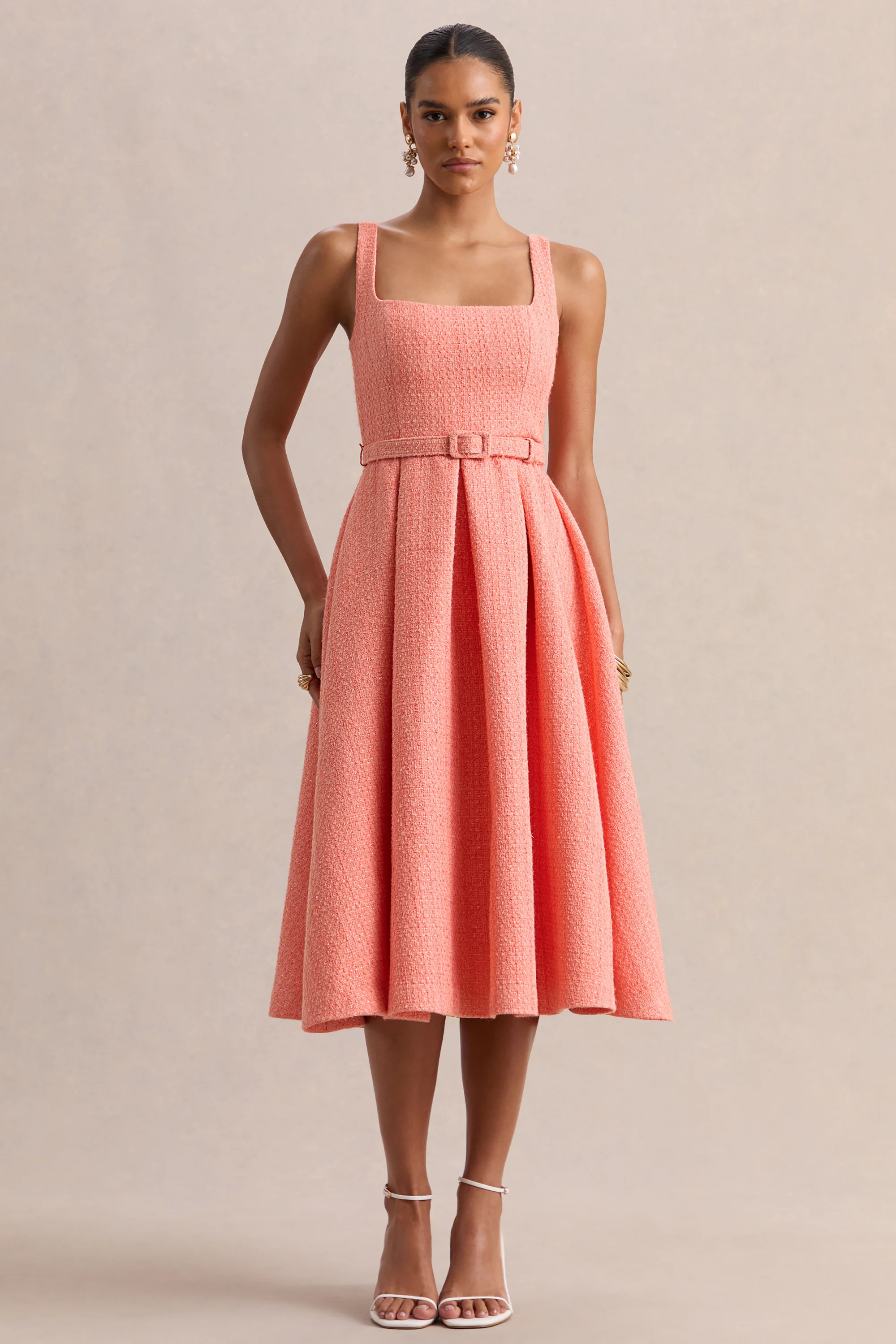 Camoria | Coral Boucle Square-Neck Midi Dress | Club L London