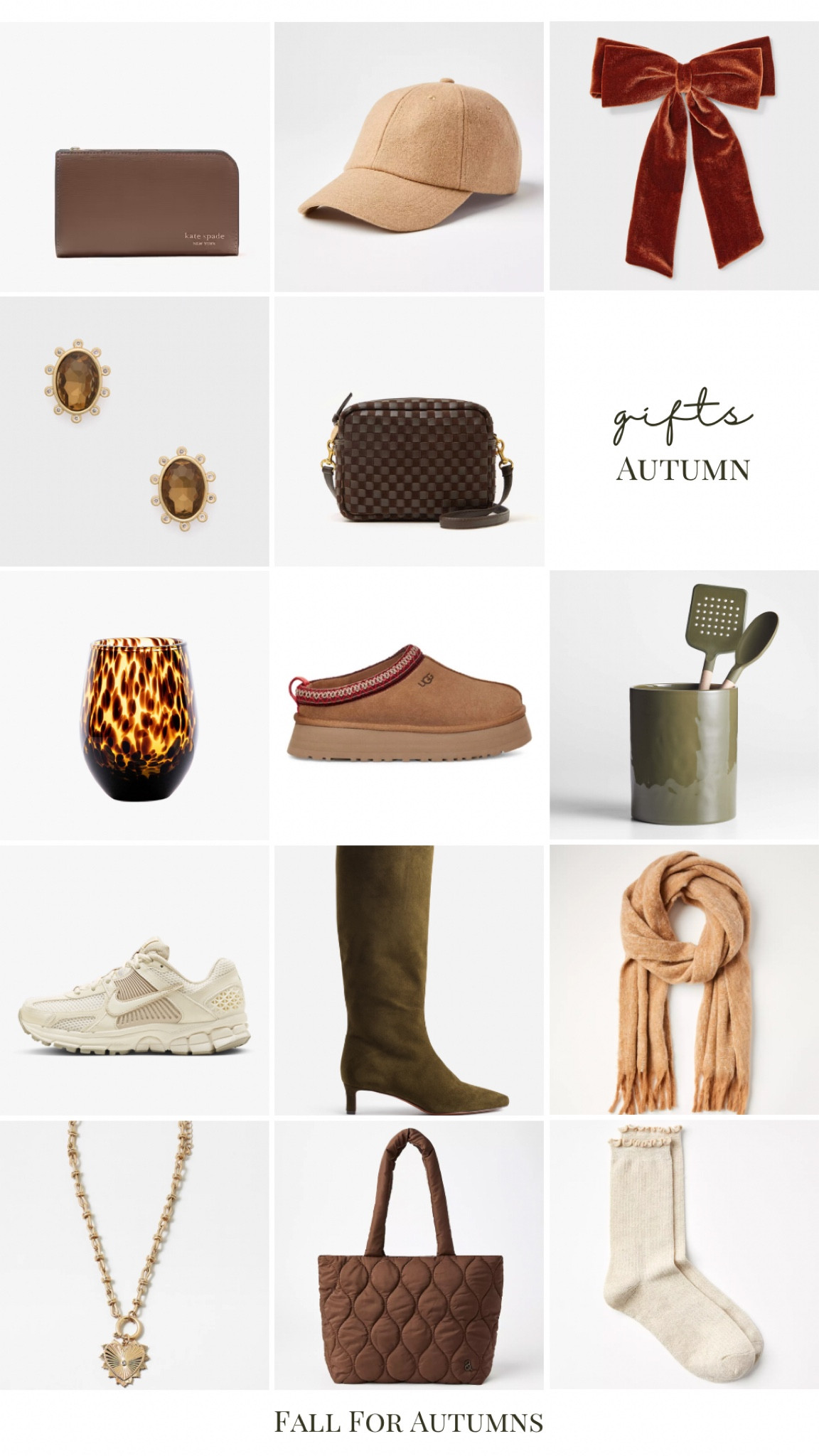 Gift guide for autumns, true autumn, dark autumn, soft autumn, warm autumn, house of colour autumn, color analysis, camel scarf, ruffle socks, ivory socks, puff tote, brown tote, heart necklace, charm gold necklace, olive green suede riding boots, nike zoom come to, cream sneakers, spatula, olive green kitchen utensils, baking gifts, ugg razz suede mule slippers, platform slippers, gifts for her, Tuckernuck earrings, Kate spade slim wallet, card wallet, velvet bow; camel casual baseball cap, Clare V crossbody, dark brown crossbody, tortoise glass, gifts for home, favorite things party

#LTKGiftGuide #LTKCyberWeek #LTKHoliday