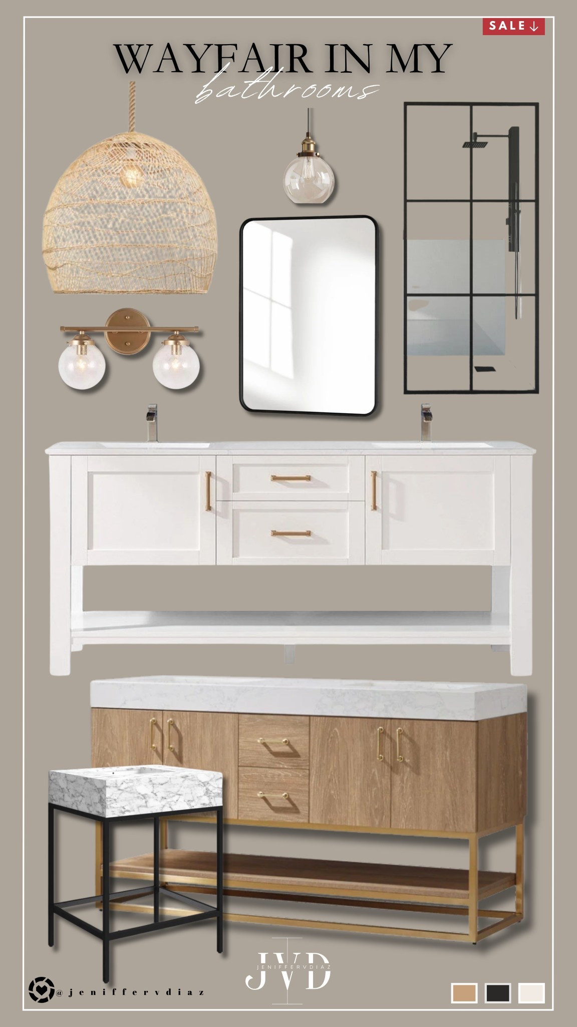Wayfair in my Bathrooms

Double vanity with gold accents
Sleek marble & wood console sink
Modern black-framed shower door
Woven pendant & globe sconces for warmth
Minimalist black mirror for a chic touch


#LTKSaleAlert #LTKStyleTip #LTKHome