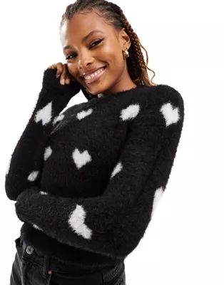 Pieces fluffy cropped sweater in black & white heart print | ASOS (Global)