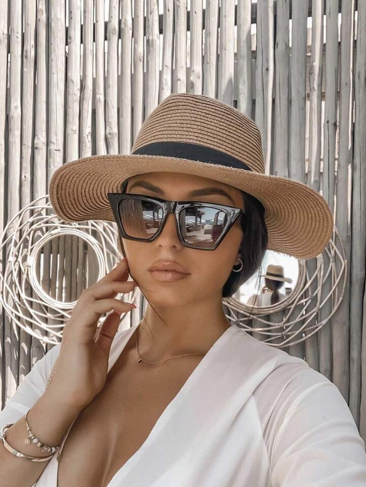 1pc Women's Khaki Western Style Cowboy Hat With Upf 50+ Sun Protection, Panama Straw Hat With Bla... | SHEIN