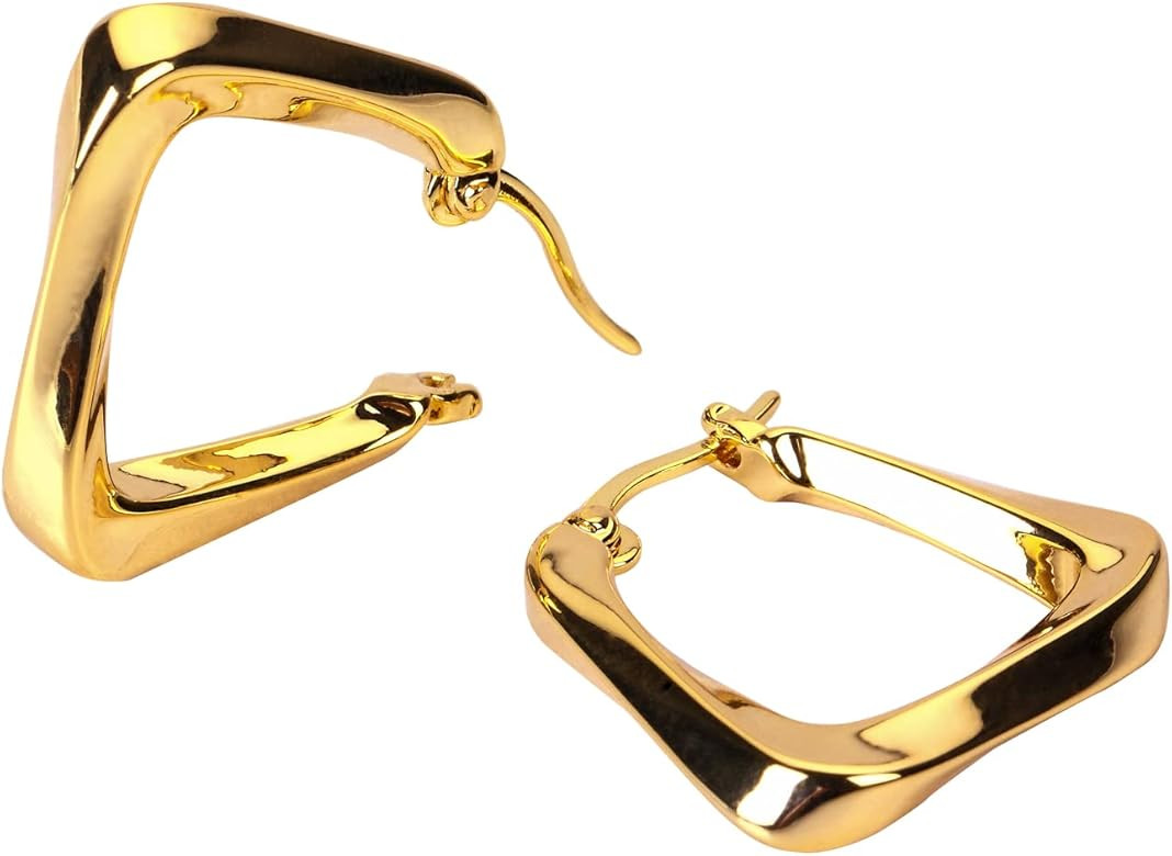 NEWDECO Ins Retro Geometric Square Earrings - 18K Lightweight Curved Chunky Gold Plated Hoops for... | Amazon (US)
