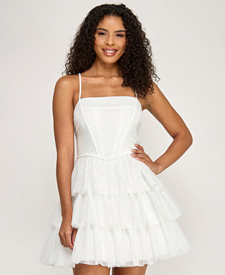 Juniors' Tulle Pleated Tiered Dress | Macy's