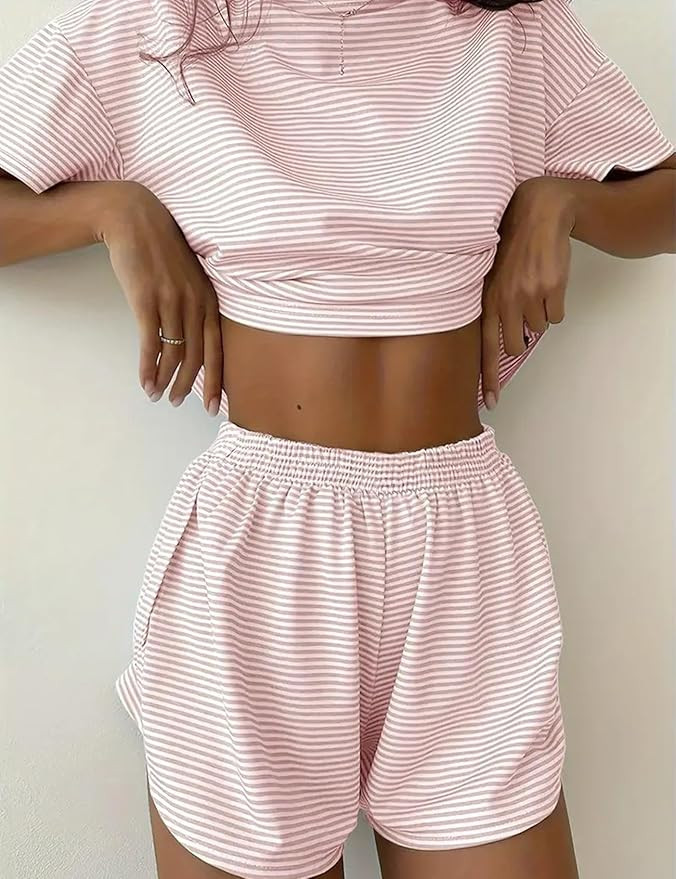 Yimoon Womens 2 Piece Pajama Set Striped Short Sleeve Crop T-Shirt and Split Shorts Soft Lounge S... | Amazon (US)