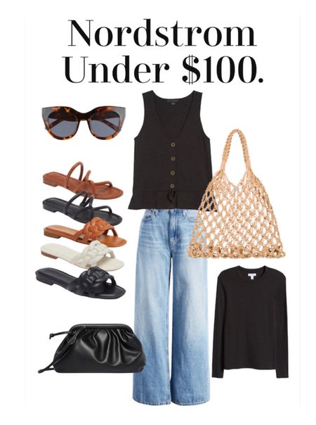 Outfit essentials under $100. Summer sandals slides sunglasses mesh bag tops wide leg jeans 


#LTKstyletip #LTKover40 #LTKfindsunder100