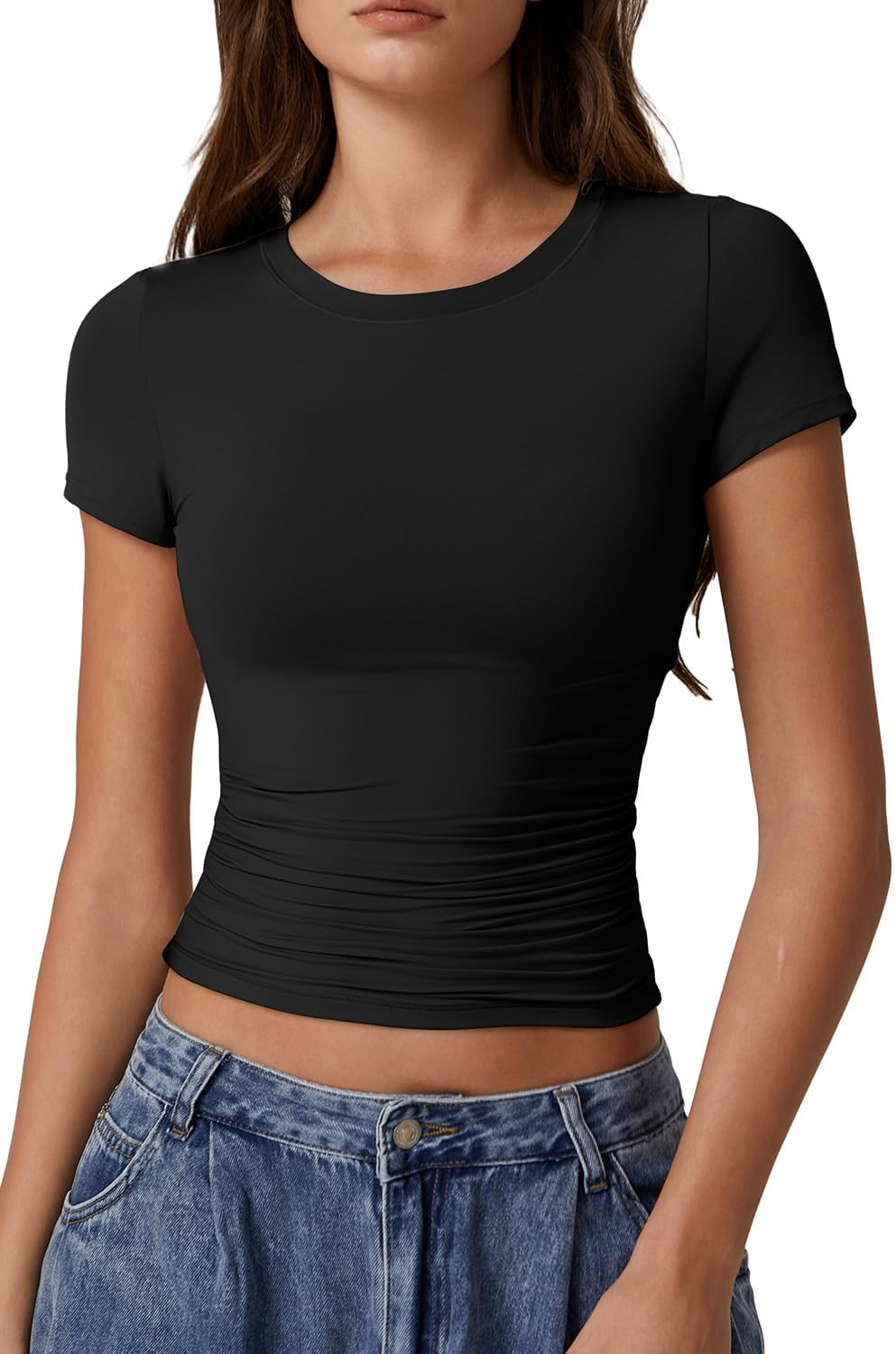 QINSEN Short Sleeve Shirts for Women Round Neck Basic Double Lined Tees Fitted Y2k Crop Tops | Amazon (US)