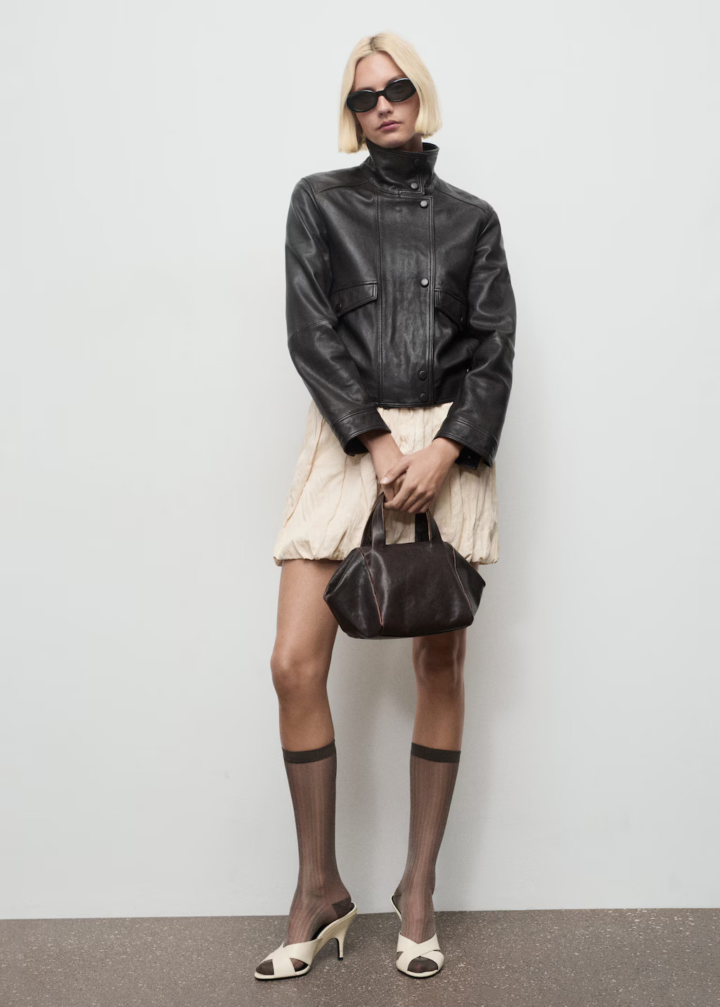 High-neck leather jacket brown - Woman - M - MANGO | Mango (US/MX/AU)