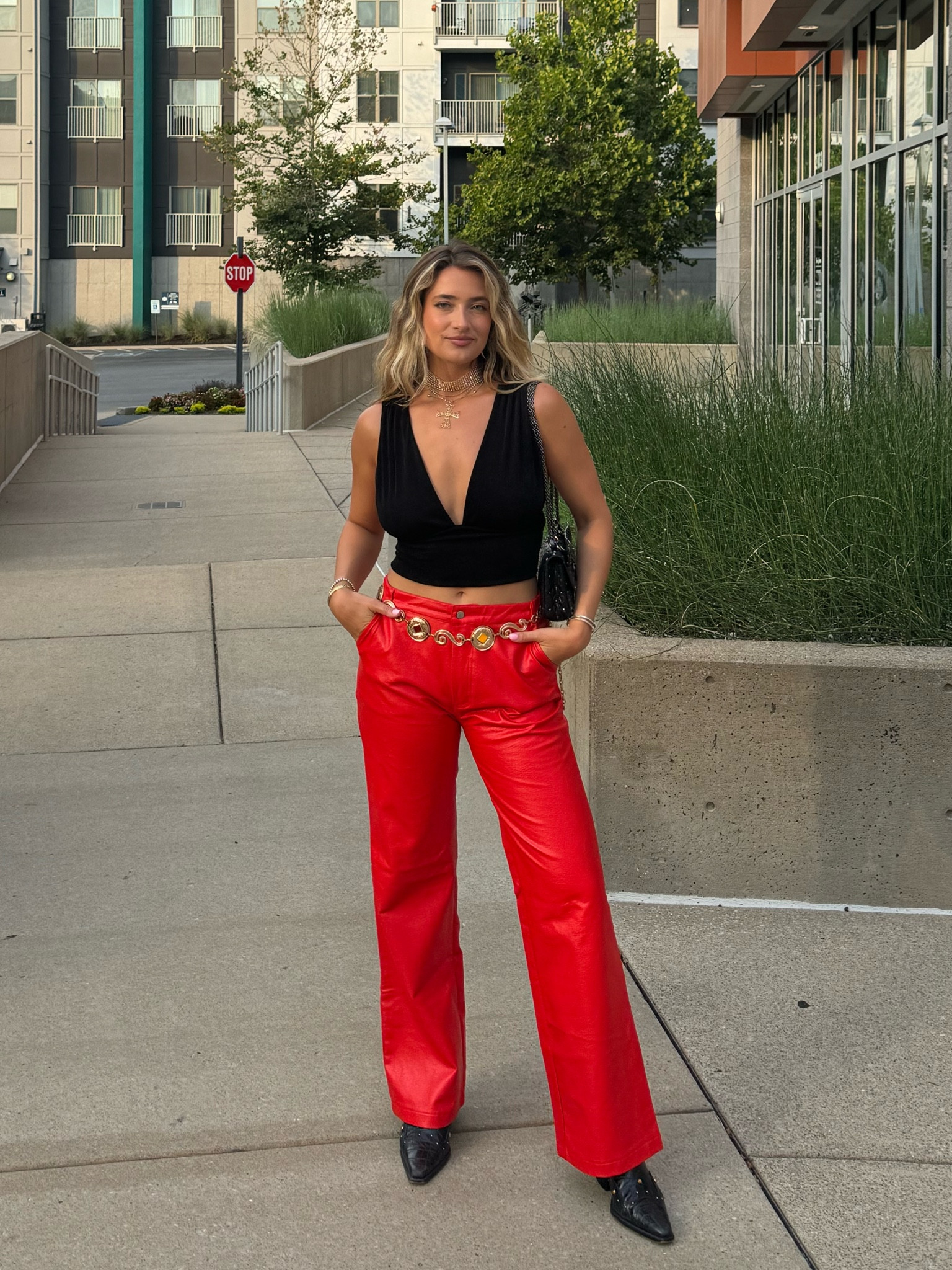 The red pants are from Princess Polly. They are sold out, but I think similar ones. I’m wearing a size small on the top, and the necklace I got at TJ Maxx so link some similar ones as well’ 
