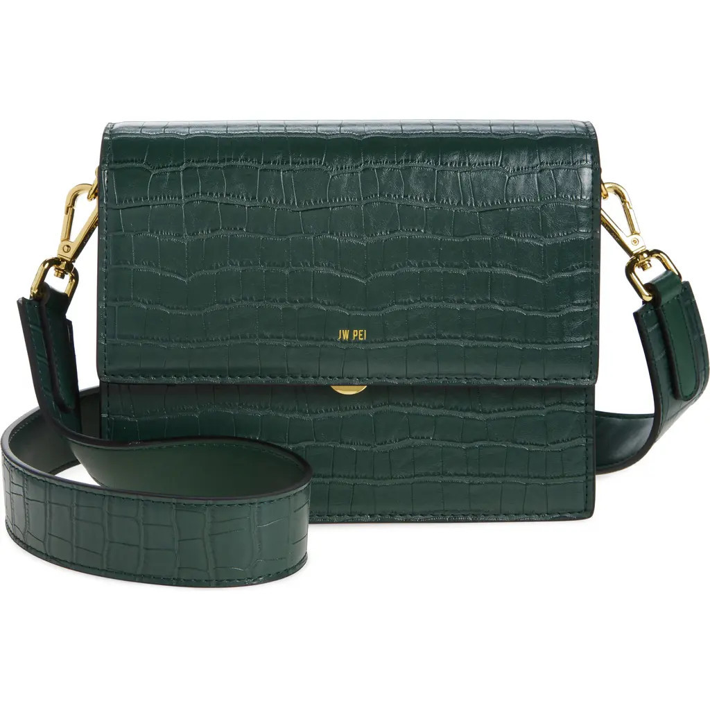 JW PEI Mini Flap Croc Embossed Faux Leather Crossbody Bag in Dark Green Croc at Nordstrom | Nordstrom