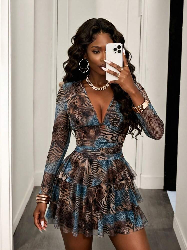 Eryvara Women's Leopard Print Ruched Waist Multi-Layered Mesh Panel Dress,Autumn And WinterDresses For Women,Sexy And Fashionable Party Dress | SHEIN