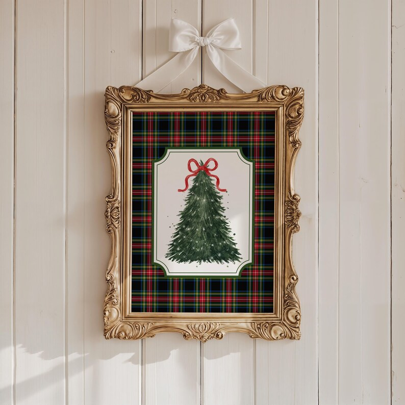 Preppy Plaid Christmas Print, Christmas Tree Print, Red Bow Christmas Printable, Traditional Holi... | Etsy (US)