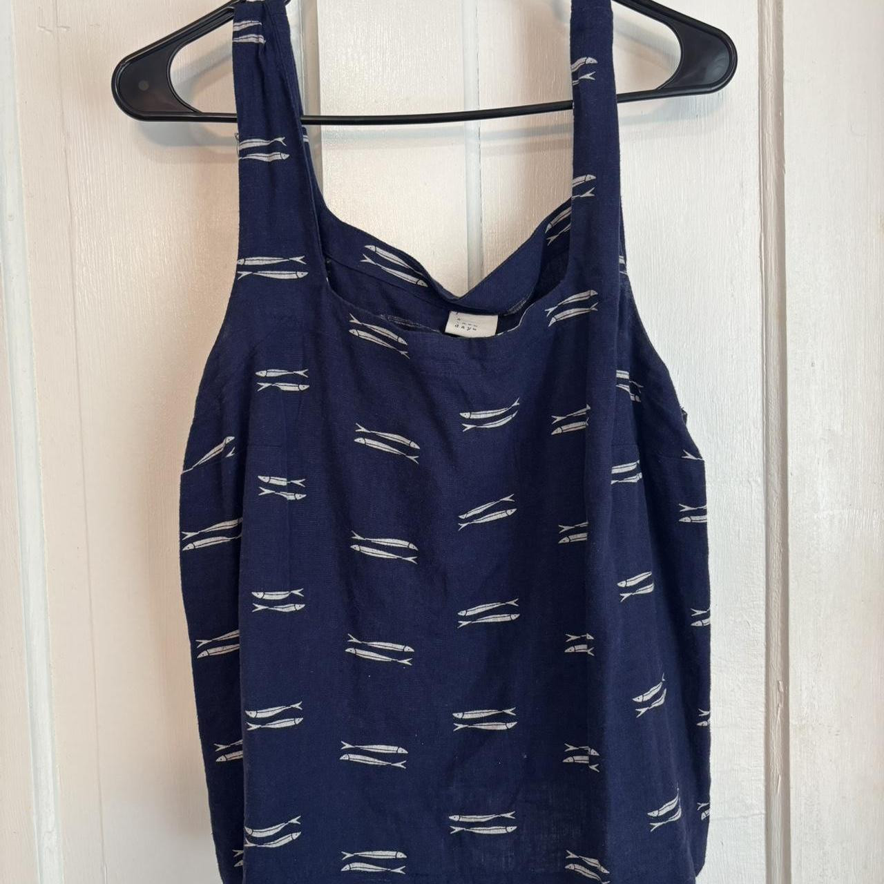 Navy blue linen tank top with fish print and... | Depop | Depop US