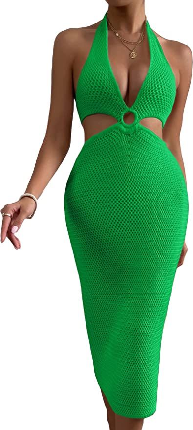 MakeMeChic Women's Knit Swimsuit Cover Up Cut Out Tie Back Halter Beach Cover Up Dress | Amazon (US)
