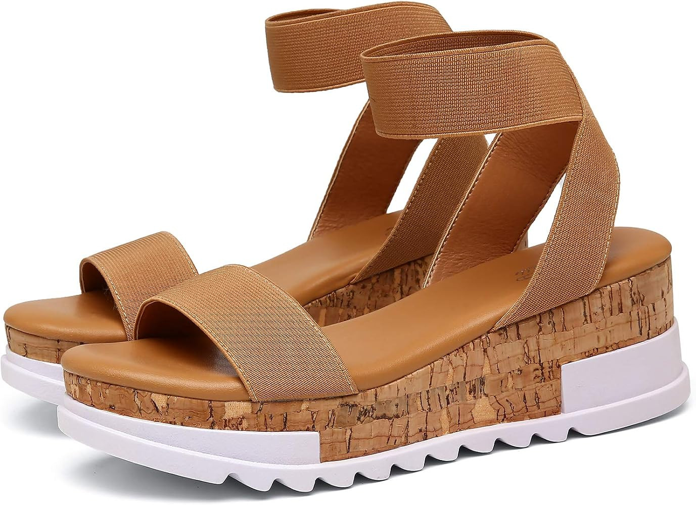 Katliu Women's Wedge Platform Sandals Elastic Ankle Strap Cork Platform Sandals | Amazon (US)