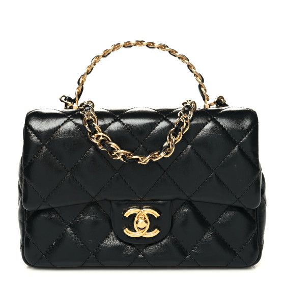Shiny Lambskin Quilted Golden Links Top Handle Flap Black | FASHIONPHILE (US)