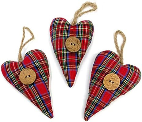 Set of 3 Red Tartan Homespun Cotton Fabric Heart Christmas Ornaments with Wood Button by Marilee ... | Amazon (US)