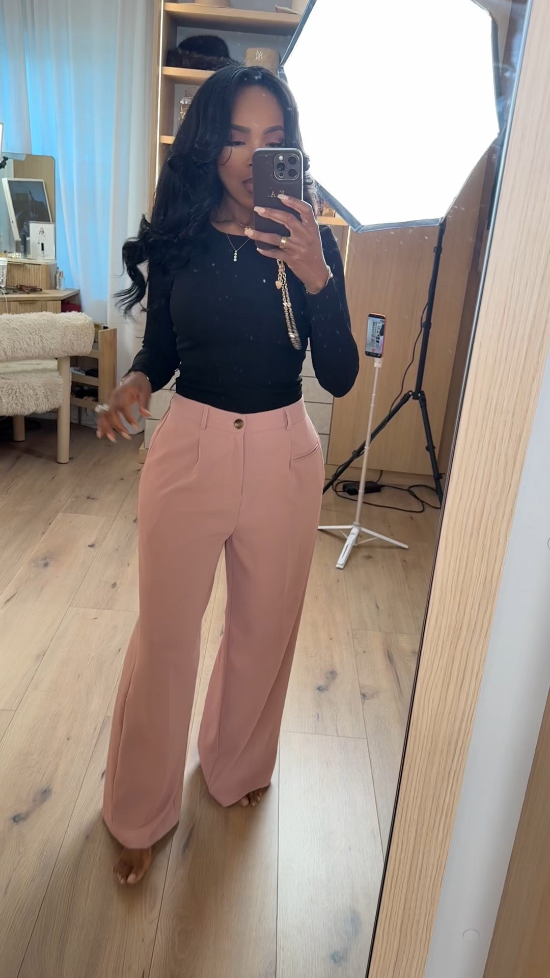 Polished with a soft contrast — this black fitted top paired with blush tailored trousers is the definition of elevated everyday style. Clean lines, flattering structure, and an easy color combo that feels timeless yet fresh.

Perfect for workdays, date nights, brunch, or casual meetings.

📏 Sizing:
Top: Small  
Pants: 27 Long  

📐 Measurements:
5'4" | 138 lbs | 34D | 27" waist | 40" hips

This is one of those outfits you’ll reach for on repeat — easy to mix and match, and the cost per wear drops fast when styled multiple ways as part of a long-term shopping strategy.

Favorite to revisit later.

Black fitted top, blush tailored trousers, neutral work outfit, elevated everyday style, chic office look, versatile wardrobe staples, feminine tailoring, polished casual outfit.

Follow me on Instagram and YouTube @k