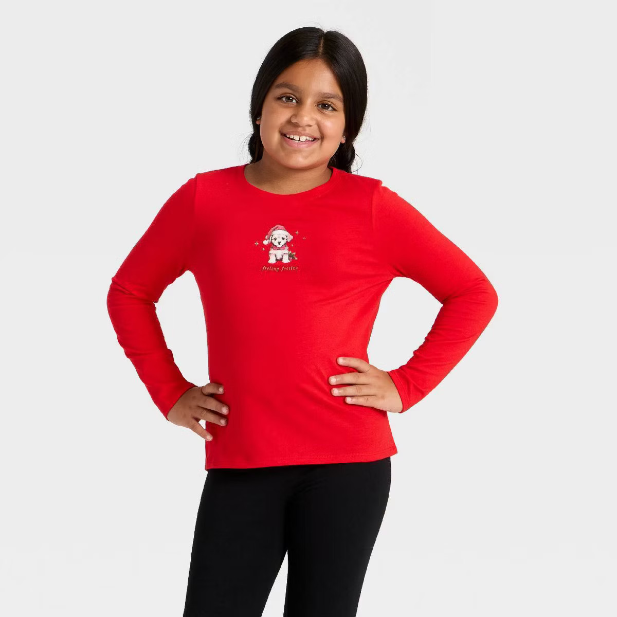 Girls' Long Sleeve Christmas 'Festive Pup' Graphic T-Shirt- Cat & Jack™ Red M | Target