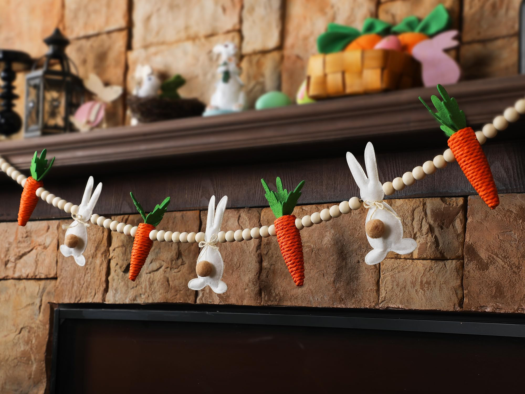 Happy Easter Banner Cute Garland Bunny Carrot with Wooden Beaded Easter Felt Garland Decoration R... | Amazon (US)